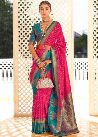 Hot Pink Zari Art Silk Saree With Blouse