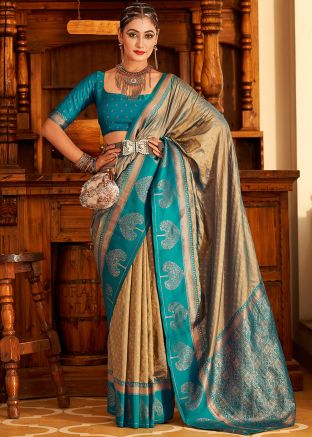 Beige Zari Woven Work Art Silk Saree