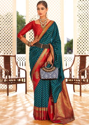 Teal Blue Zari Woven Saree In Art Silk