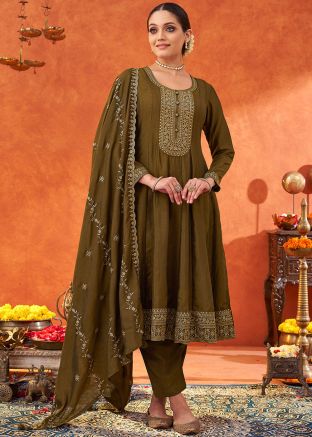 Olive Green Embroidered Readymade Anarkali Suit