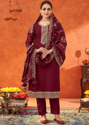 Wine Readymade Embroidered Pant Suit