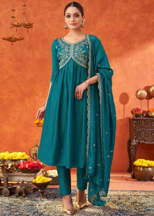 Readymade Blue Embroidered Flared Pant Suit