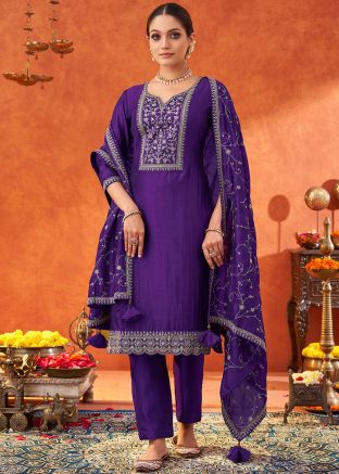 Readymade Purple Embroidered Pant Suit Set