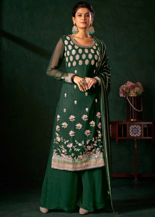 Green Sequins Embellished Palazzo Suit