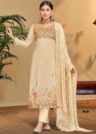 Cream Embroidered Palazzo Suit In Viscose