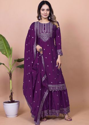 Purple Embroidered Salwar Suit Set In Chiffon