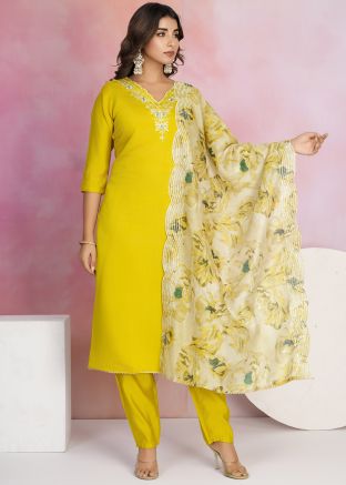 Yellow Embroidered Straight Cut Suit Set