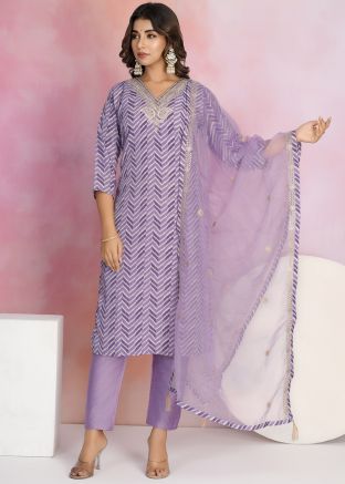 Purple Embroidered Suit Set In Crape