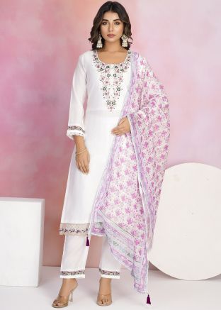 White Embroidered Chanderi Suit Set
