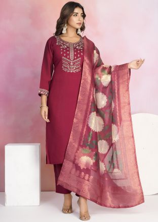 Maroon Embroidered Suit Set In Chanderi