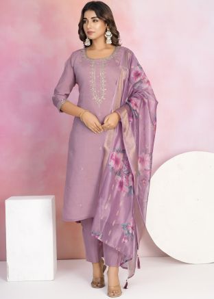 Purple Embroidered Suit Set In Crape