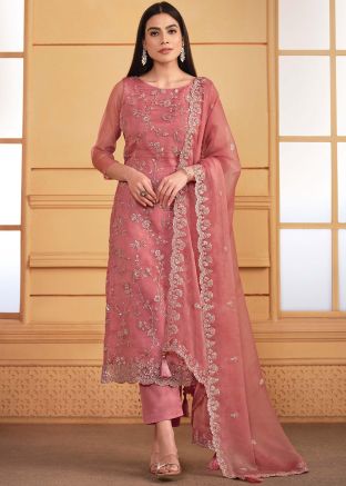 Peach Embroidered Organza Pant Suit Set