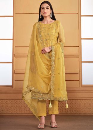 Yellow Dori Embroidered Organza Pant Suit
