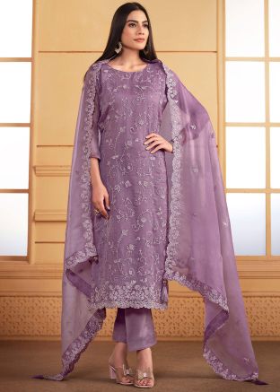 Purple Embroidered Organza Pant Suit