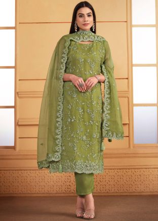 Mehendi Green Dori Work Pant Suit Set
