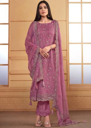 Pink Embellished Pant Suit In Organza