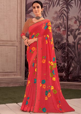 Red Bandhej Print Georgette Saree