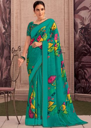 Sea Green Georgette Printed Saree