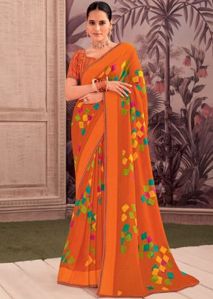 Orange Georgette Printed Saree