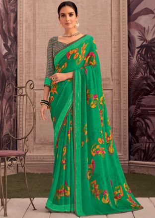 Green Printed Saree In Georgette