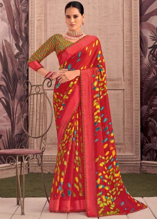 Red Printed Georgette Saree With Blosue