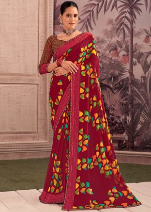 Yellow Georgette Abstract Print Saree