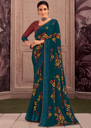 Teal Blue Georgette Printed Saree