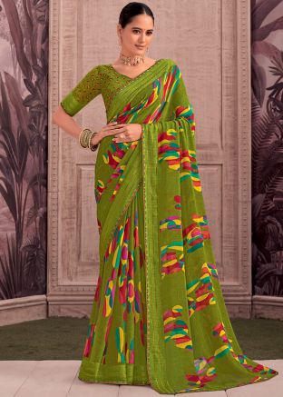 Green Georgette Printed Saree & Blouse