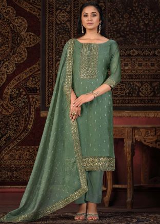 Mossy Green Embellished Pant Suit Set