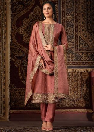 Dark Peach Embroidered Pant Suit Set