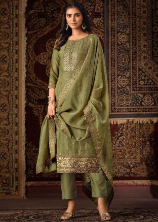 Mehendi Green Embellished Pant Suit