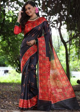 Black Tussar Silk Printed Saree