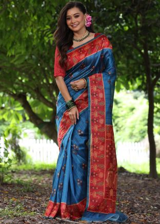 Teal Blue Printed Saree In Tussar Silk