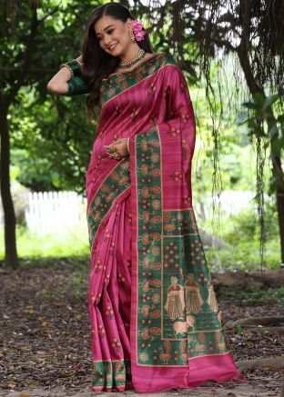 Pink Tussar Silk Printed Saree With Blouse