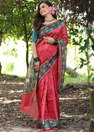 Red Printed Saree In Tussar Silk