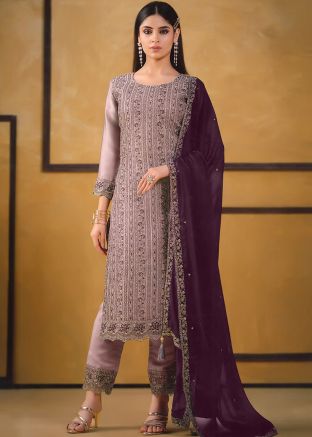 Mauve Pink Embroidered Art Silk Pant Suit
