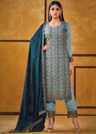 Blue Embellished Art Silk Pant Suit & Dupatta