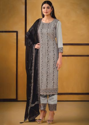 Grey Embellished Art Silk Pant Suit & Dupatta
