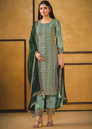 Pastel Green Embroidered Art Silk Pant Suit