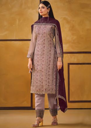 Pastel Pink Zari Embroidered Pant Suit Set