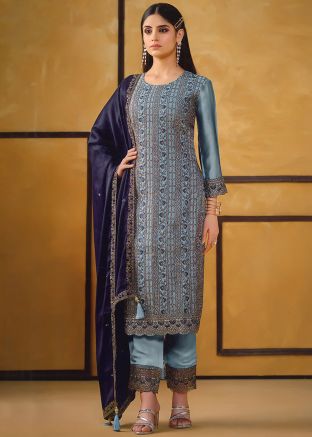 Blue Embroidered Art Silk Pant Suit