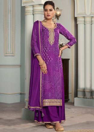 Purple Embroidered Straight Cut Suit Set