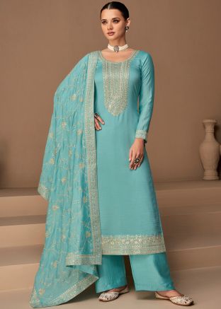 Blue Embroidered Palazzo Suit In Art Silk