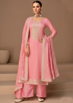 Pink Art Silk Embroidered Palazzo Suit Set