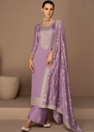 Purple Embroidered Art Silk Palazzo Suit Set