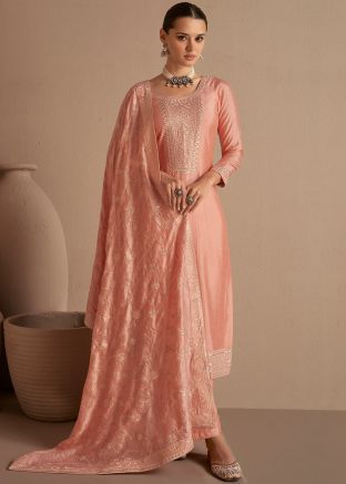 Peach Resham Embroidered Art Silk Palazzo Suit