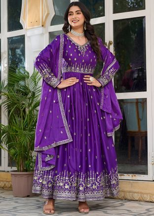 Purple Embroidered Full Sleeved Anarkali Suit