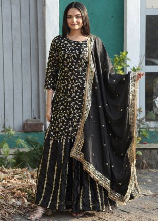 Black Embroidered Round Neck Palazzo Suit
