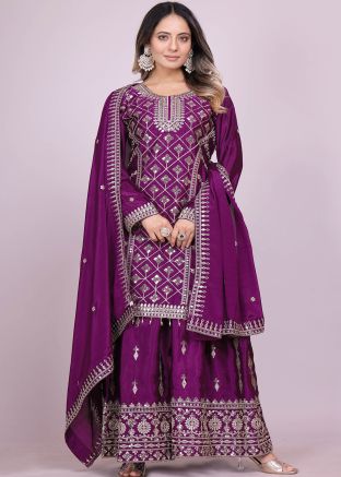 Purple Full Sleeved Embroidered Palazzo Suit