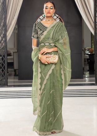 Green Thread Embroidered Saree In Organza